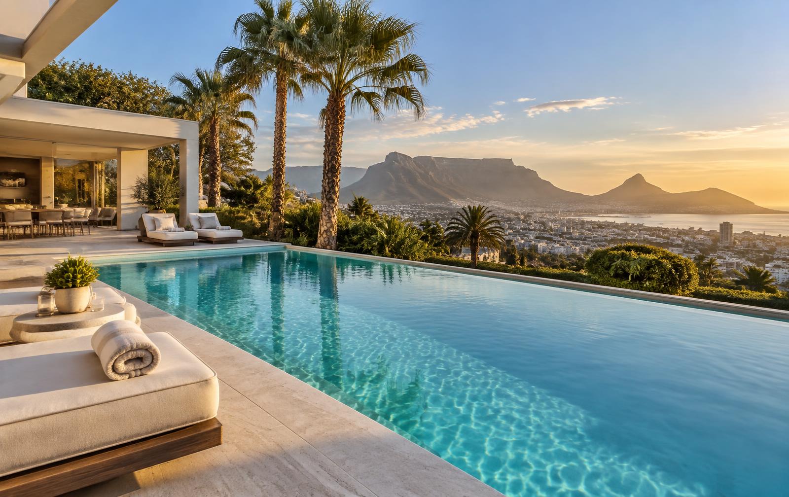 Crystal clear swimming pool at a Cape Town home with Table Mountain in the distance